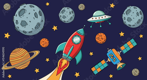 Cartoon Rocket Ship Ascending in Space Amidst Planets, Stars, and Satellite