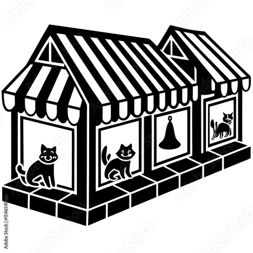 A black and white pet shop with cats isolated on white background