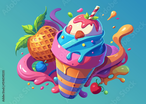Colorful cartoon ice cream cone with fruit and sprinkles