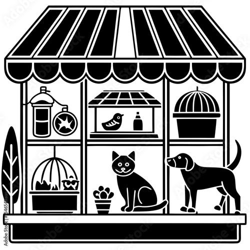 A black and white pet shop with cats dogs and birds isolated