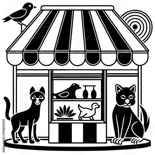 A black and white pet shop with cats and birds isolated on white