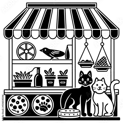 A black and white pet shop with cats and birds isolated on white