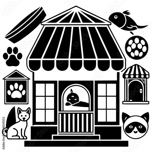 Pet store with cat dog and fish icons in black and white