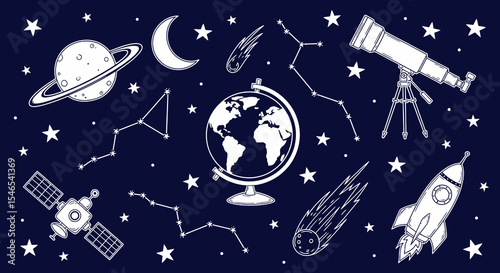Celestial Globe with Spacecraft, Rocket, Telescope, and Constellations
