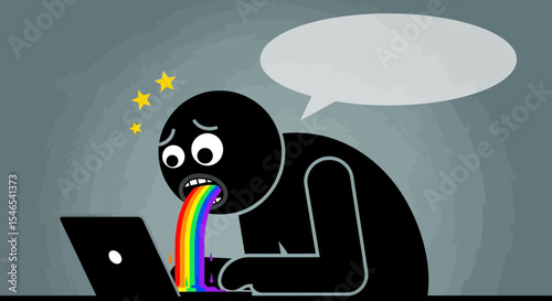 Cartoon Stick Figure Vomiting Rainbow at Laptop with Stars and Speech Bubble
