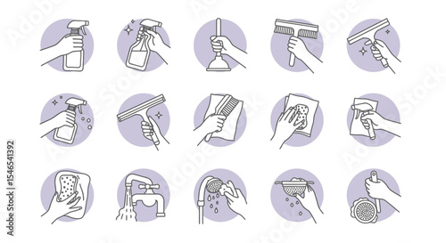 Cleaning Tools and Hands Icons Set in Line Art Style on Purple Circles