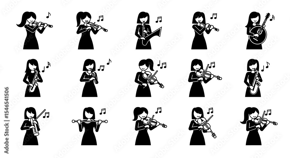 Obraz premium Collection of Diverse Female Musicians Playing String, Wind, and Percussion Instruments