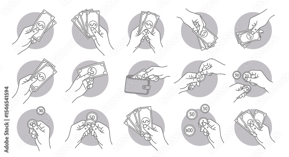 Fototapeta premium Collection of Line Art Illustrations: Hands Handling Cash and Coins