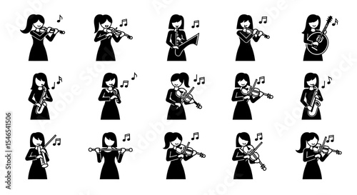 Collection of Diverse Female Musicians Playing String, Wind, and Percussion Instruments