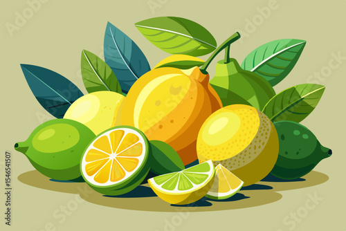 Fresh lemons limes and leaves colorful illustration