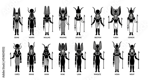 Sixteen Stylized Black and White Egyptian Deity Figures with Names