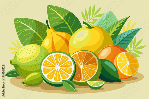 Assortment of fresh citrus fruits with green leaves