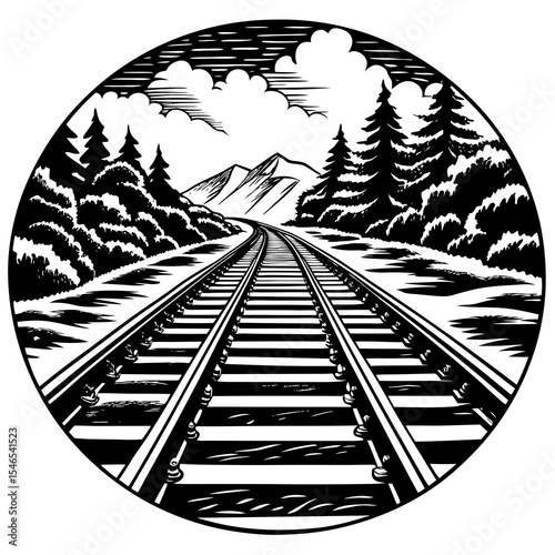 Railroad tracks leading to mountains in a winter landscape illustration