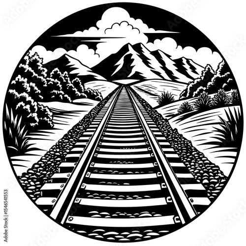 Railroad tracks leading to mountains in a scenic landscape illustration