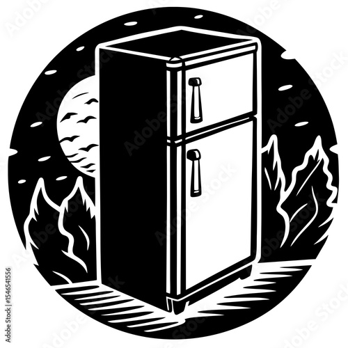 A retro refrigerator in a night landscape illustration isolated on white