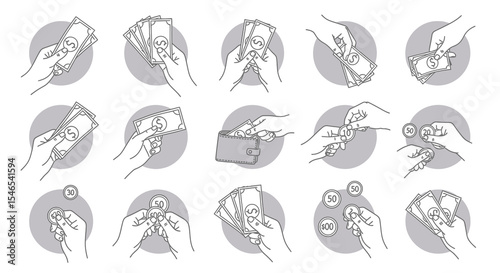 Wallpaper Mural Collection of Line Art Illustrations: Hands Handling Cash and Coins Torontodigital.ca