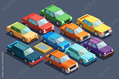 Collection of isometric low poly cars in various colors