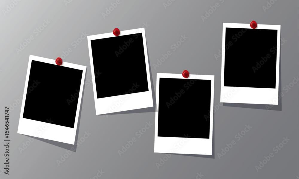 Realistic photo album frames. Retro vector memory album, photo images on wall, empty pictures with adhesive tapes. Vintage old white blank square photo cards templates for scrapbook