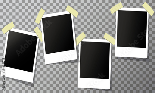 Realistic photo album frames. Retro vector memory album, photo images on wall, empty pictures with adhesive tapes. Vintage old white blank square photo cards templates for scrapbook