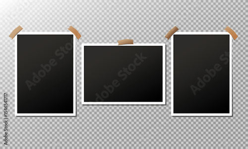 Realistic photo album frames. Retro vector memory album, photo images on wall, empty pictures with adhesive tapes. Vintage old white blank square photo cards templates for scrapbook