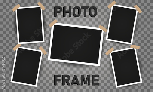 Realistic photo album frames. Retro vector memory album, photo images on wall, empty pictures with adhesive tapes. Vintage old white blank square photo cards templates for scrapbook