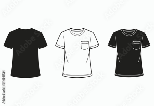Three t shirt templates with pocket black white and outline
