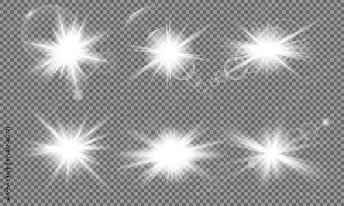 Set of white glowing light burst on a transparent background, white sun rays, glow bright stars, the star burst with brilliance, light effect, flare of sunshine with rays, vector illustration, eps 10