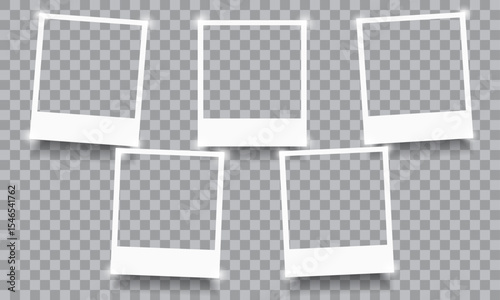 Realistic photo album frames. Retro vector memory album, photo images on wall, empty pictures with adhesive tapes. Vintage old white blank square photo cards templates for scrapbook