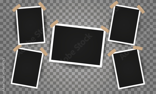 Realistic photo album frames. Retro vector memory album, photo images on wall, empty pictures with adhesive tapes. Vintage old white blank square photo cards templates for scrapbook