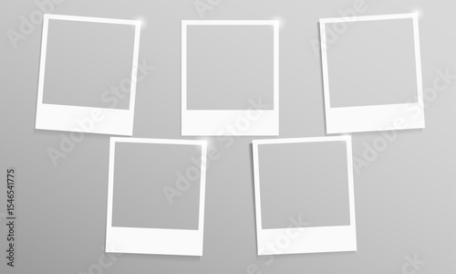 Realistic photo album frames. Retro vector memory album, photo images on wall, empty pictures with adhesive tapes. Vintage old white blank square photo cards templates for scrapbook
