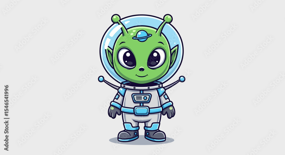 Obraz premium Cute Cartoon Alien in Spacesuit with Big Eyes and Smiling