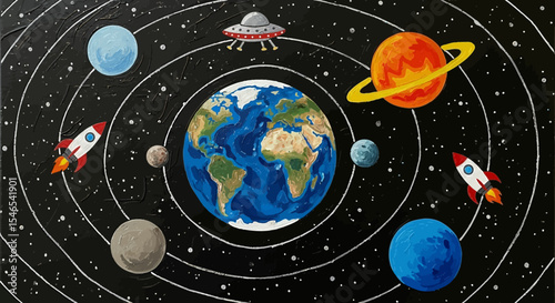 Colorful Painted Solar System with Planets, Rockets, and UFO on Black Background