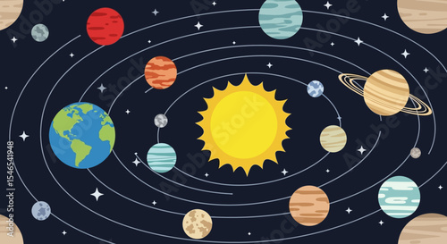 Colorful Solar System Illustration with Planets and Stars on Dark Background