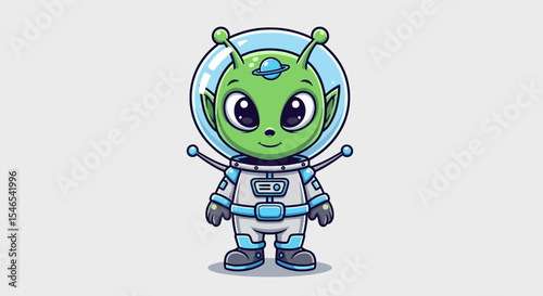 Cute Cartoon Alien in Spacesuit with Big Eyes and Smiling