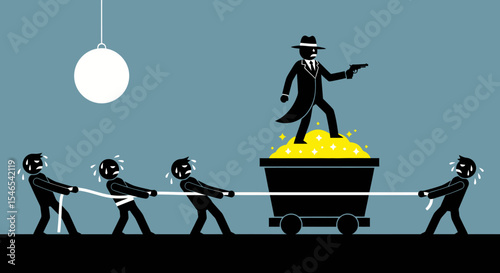 Sweating Figures Pulling a Gold-Filled Mine Cart, Gun-Toting Gangster on Top