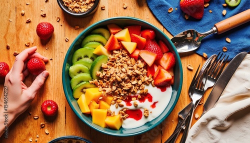 Colorful fruit and granola bowl with hand picking strawberry on wooden table