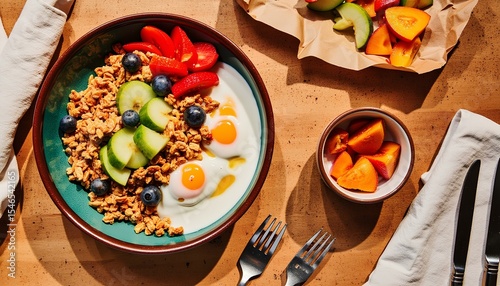 Colorful fruit and granola bowl with hand picking strawberry on wooden table