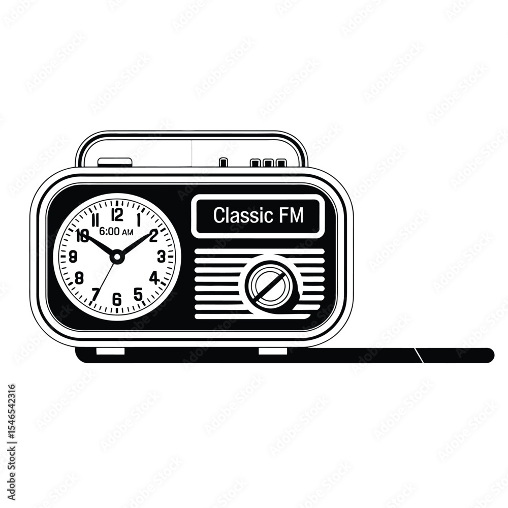 Fototapeta premium Retro futurist alarm clock or radio in clean outline black and white