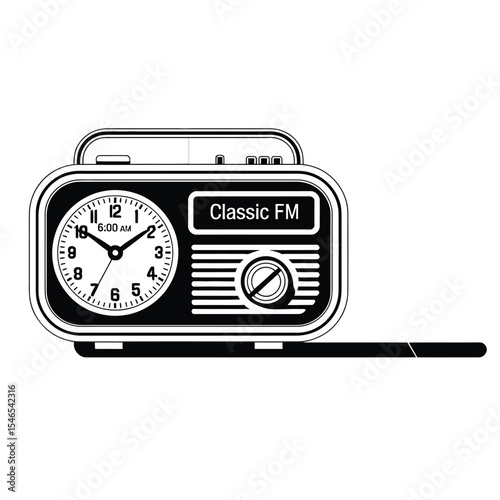Retro futurist alarm clock or radio in clean outline black and white