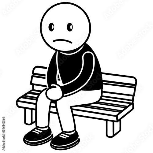 Sad cartoon man sitting alone on a bench isolated on white background