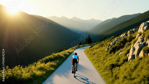 Cyclist Rides Through Mountain Road at Sunset, Perfect for Adventure and Travel