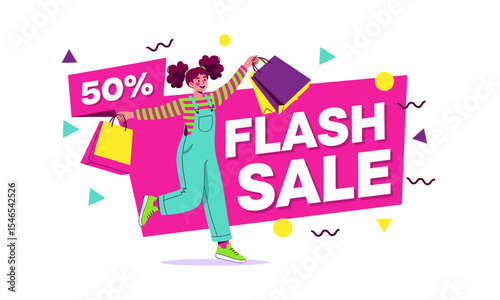 A vibrant illustration shows a joyful woman with shopping bags against a "50% FLASH SALE" banner. Colorful abstract shapes enhance the energetic mood. Ideal for e-commerce, social media, and print ads