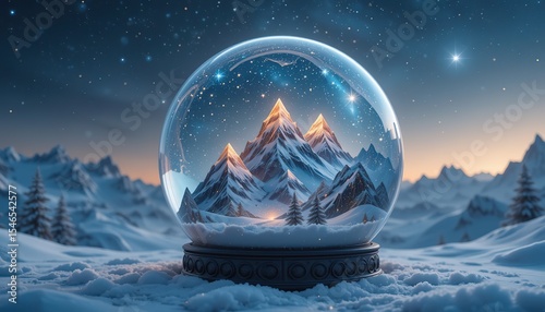 Surreal Snow Globe with Glowing Mountain and Stars, winter snow globe scene featuring majestic mountains a tranquil snowy landscape