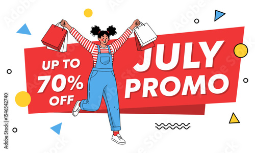 A dynamic illustration of a joyful woman with shopping bags highlights a "JULY PROMO UP TO 70% OFF" banner. Playful shapes add energy. Ideal for e-commerce, social media, and print ads promoting July 