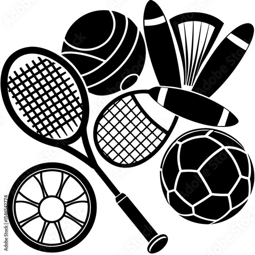 Various sports balls and rackets isolated on white background