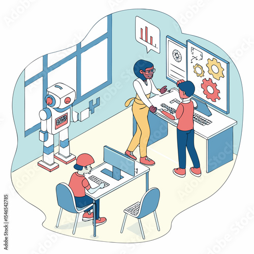 Futuristic Office Workspace with Robot – Team Collaboration in AI and Technology Lab