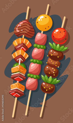 Three colorful fruit and chocolate kabobs on sticks