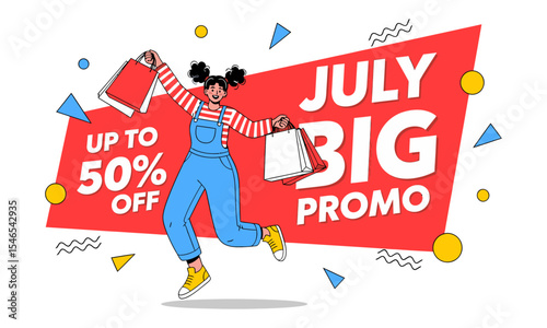 A dynamic illustration of a joyful woman with shopping bags highlights a "JULY PROMO UP TO 70% OFF" banner. Playful shapes add energy. Ideal for e-commerce, social media, and print ads promoting July 