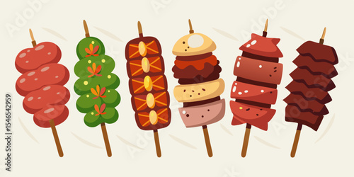 Assorted delicious street food skewers illustration