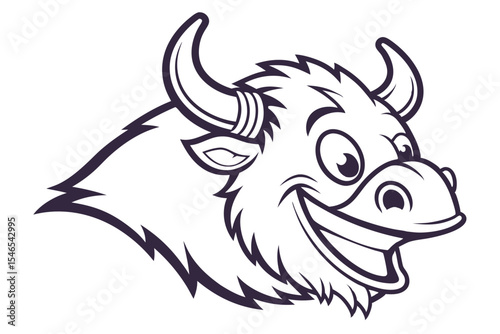 Smiling buffalo with horns shows its teeth and shaggy fur in monochrome style